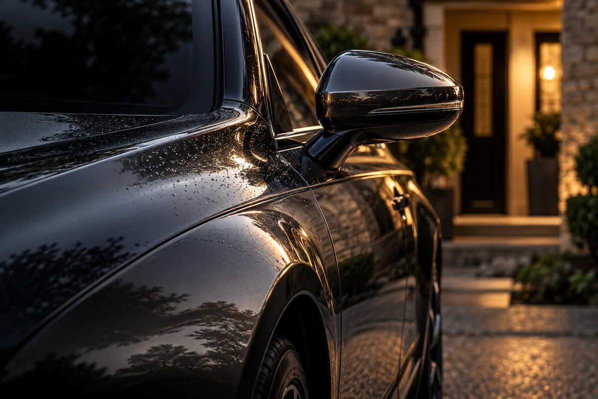 Illustrative close-up of a freshly cleaned car’s paintwork and mirror