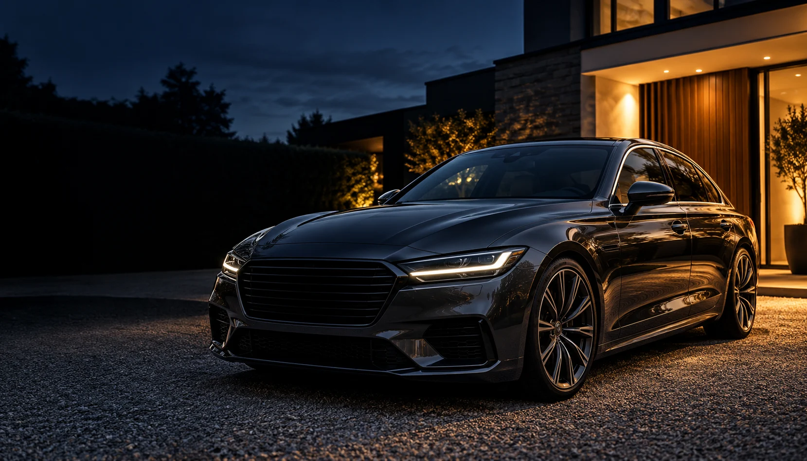 Illustrative clean graphite car parked outside a home at dusk